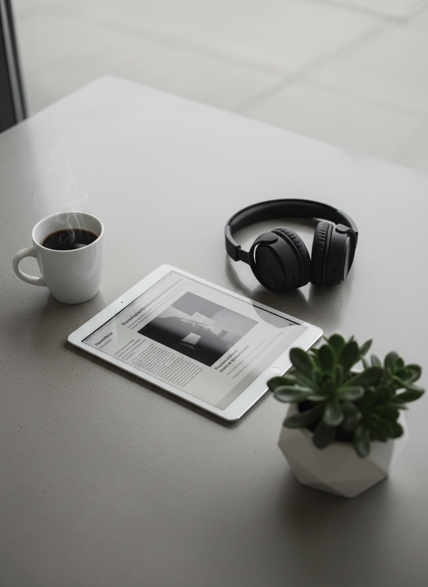 A neatly arranged collection of modern lifestyle objects spread across a smooth concrete tabletop: a slim tablet displaying a monochrome article layout, a pair of over-ear headphones with matte charcoal ear cups, a ceramic mug of black coffee, and a small, geometric planter holding a dark green succulent. Overhead, diffused overcast daylight from an unseen skylight bathes everything in soft, even illumination, minimizing harsh shadows. Captured from a slightly elevated angle in photographic realism, the composition follows the rule of thirds, with crisp focus on the tablet and gentle bokeh at the edges. The atmosphere is calm, organized, and reflective, perfect for a modern life editorial hub.