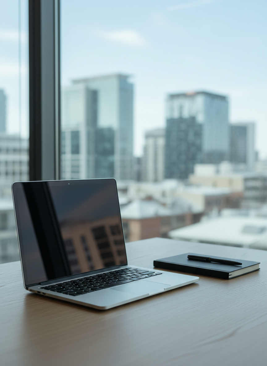A sleek, closed silver laptop with a minimalist black notebook stacked neatly beside it on a light oak desk, a single matte black pen aligned perfectly on top. The desk sits near a large urban window overlooking a softly blurred city skyline of glass towers and rooftops. Cool late-morning natural light washes in, creating clean reflections on the laptop’s brushed metal surface and subtle shadows along the notebook’s textured cover. Photographic realism, shot at eye level with a shallow depth of field, emphasizing clarity and focus. The mood is professional, contemplative, and modern, ideal for a thoughtful editorial about contemporary work and digital life in the city.