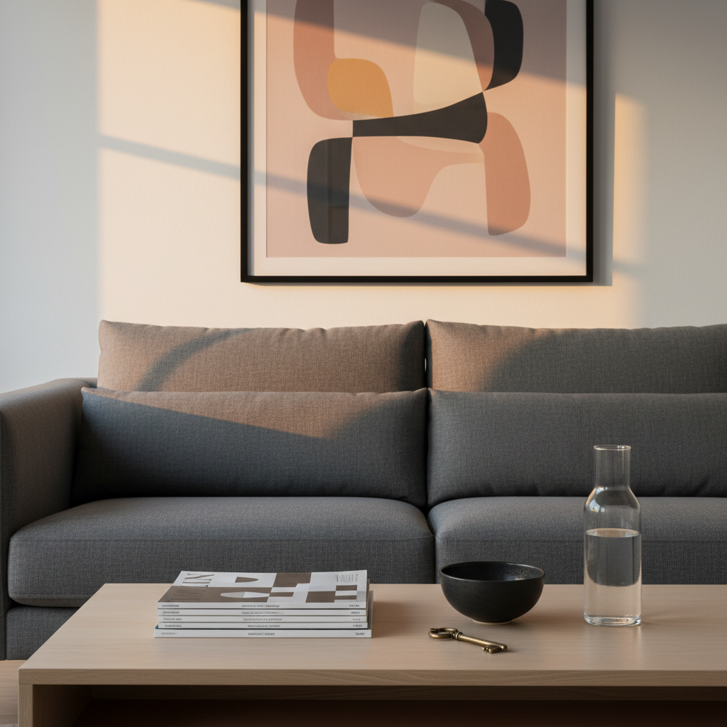 A tidy living room vignette featuring a low, light-wood coffee table with a carefully stacked trio of monochrome magazines, a matte black ceramic bowl holding a single brass key, and a slim, frosted glass carafe of water. Behind the table, a charcoal grey sofa with sharp, tailored lines rests against a smooth white wall adorned with one large abstract print in muted tones. Soft golden hour light filters through an unseen window, creating a warm gradient across the wall and subtle highlights on the glass and brass. Photographic realism with a wide, eye-level composition and moderate depth of field, conveying a composed, intelligent, and modern domestic scene suited to essays on home and lifestyle.
