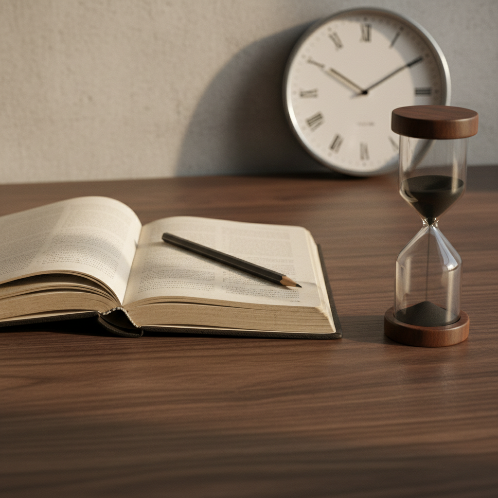 An open hardcover journal with creamy, unlined pages lying flat on a walnut desk, a slim graphite pencil resting diagonally across the center fold. Beside it, a minimalist sand hourglass with fine black sand is mid-flow, grains frozen in motion. In the background, a softly out-of-focus analog clock with a simple white face leans against a textured grey wall. Warm afternoon sunlight enters from the left, casting long, gentle shadows and highlighting the grain of the wood and paper fibers. Photographic realism, shot from a low, intimate angle with shallow depth of field. The mood is introspective and slightly nostalgic, capturing the essence of slow, deliberate thinking in a fast-paced world.