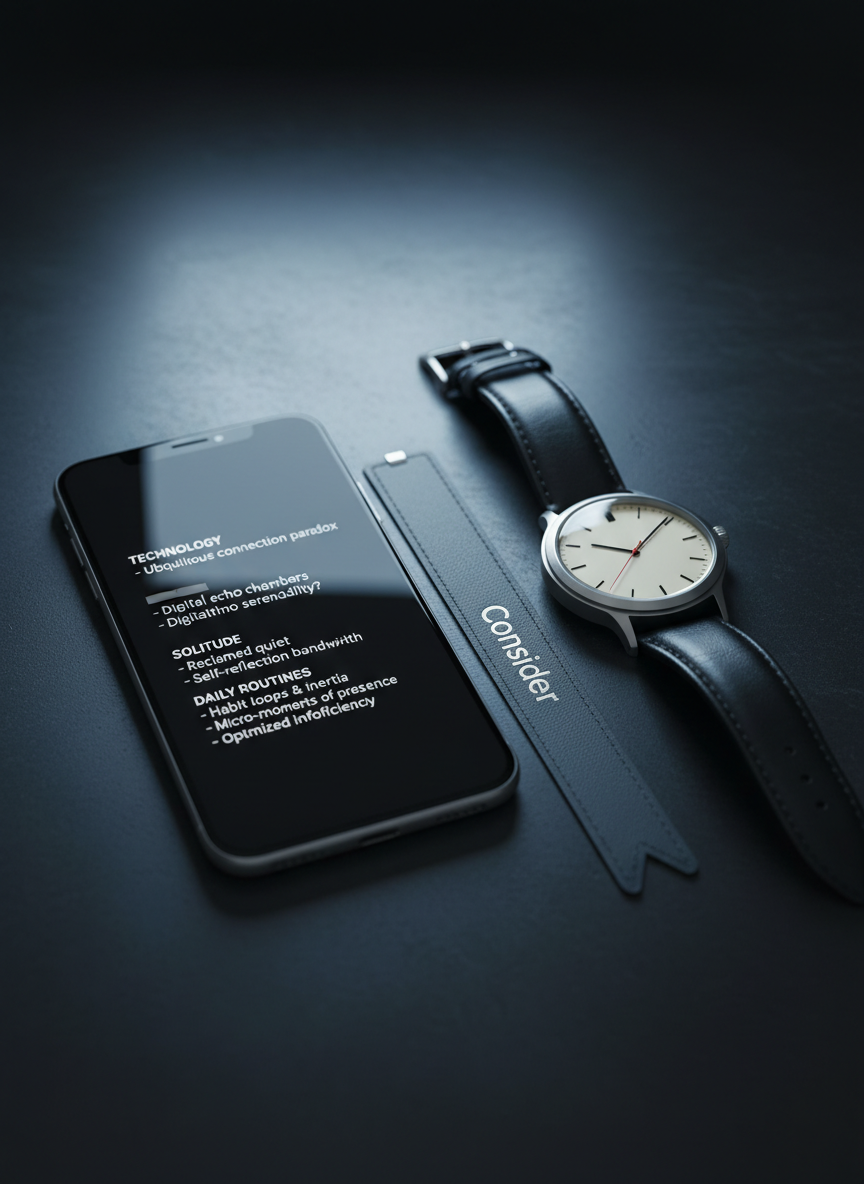 On a smooth, dark stone surface, a smartphone lies face up displaying a minimalist notes app filled with bullet-point observations about technology, solitude, and daily routines, the text crisp and monochrome. Next to it, an analog counterweight: a compact, vintage mechanical wristwatch with a brushed steel case and black leather strap, its second hand in mid-tick. A thin, slate-colored bookmark bearing a single embossed word, “Consider,” bridges the space between them. Gentle, cool-toned studio lighting from above creates delicate reflections on the glass screen and metal watch casing, while leaving the background to fall into soft, velvety shadow. Photographic realism, captured from a slightly oblique angle with medium depth of field, conveys a controlled, sophisticated atmosphere, visually juxtaposing digital immediacy with measured, old-world time—an elegant metaphor for analyzing modern life.