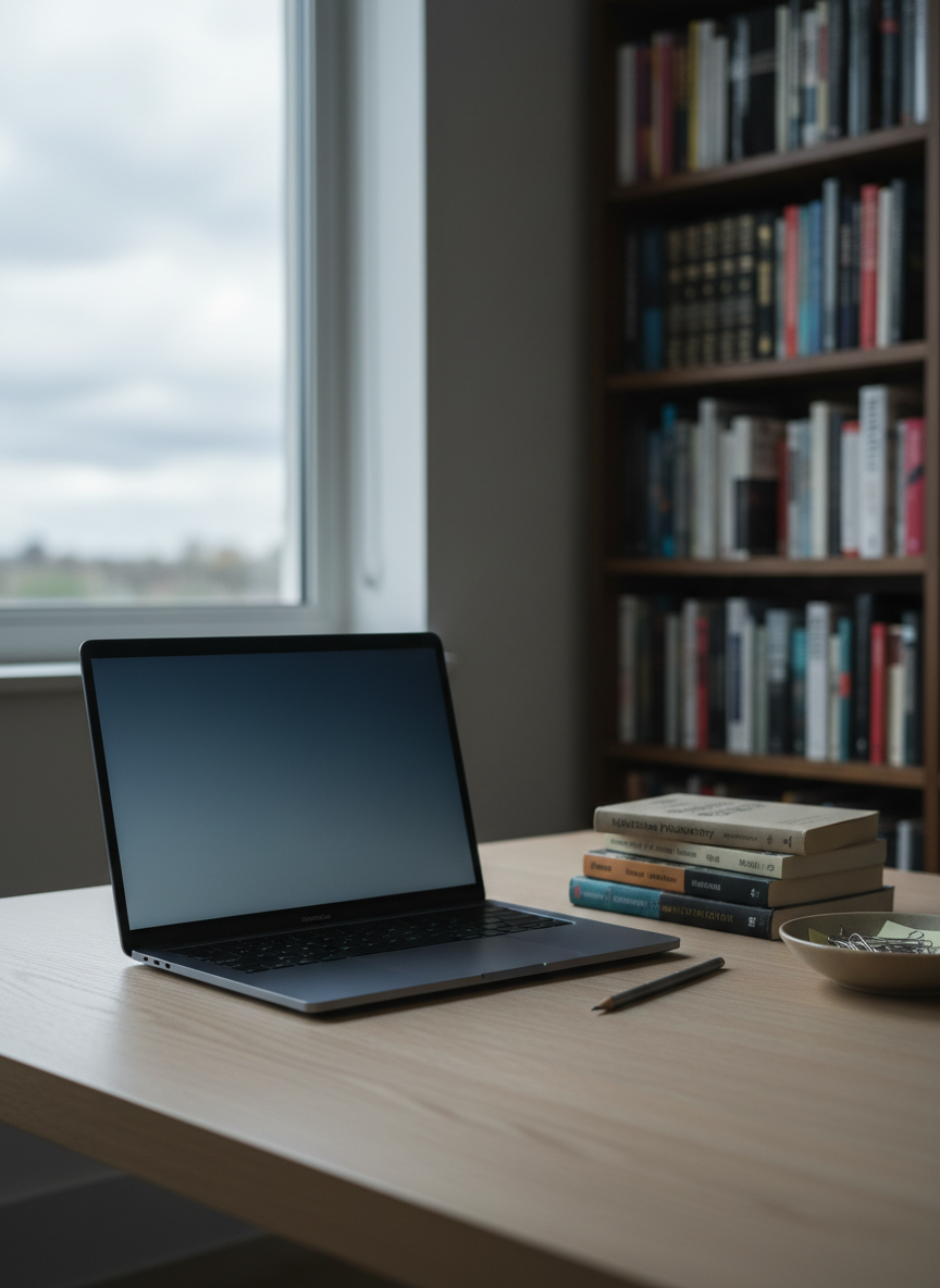A sleek, midnight-blue laptop with a minimalist desktop screen sits slightly off-center on a pale oak table, its metal surface catching a cool, diffused glow from an overcast sky outside a large window. Beside it, a small stack of well-worn literary paperbacks with dog-eared pages, a graphite mechanical pencil, and a thin, sand-colored ceramic bowl holding paper clips and folded notes. In the distant background, out of focus, a tall bookcase of modern philosophy and cultural theory provides texture without clutter. Photographic realism, composed using the rule of thirds from a slightly elevated angle, with soft, balanced lighting that avoids harsh contrast. The atmosphere is contemplative and quietly intellectual, suggesting a space where modern life is dissected and reassembled in carefully crafted personal essays.