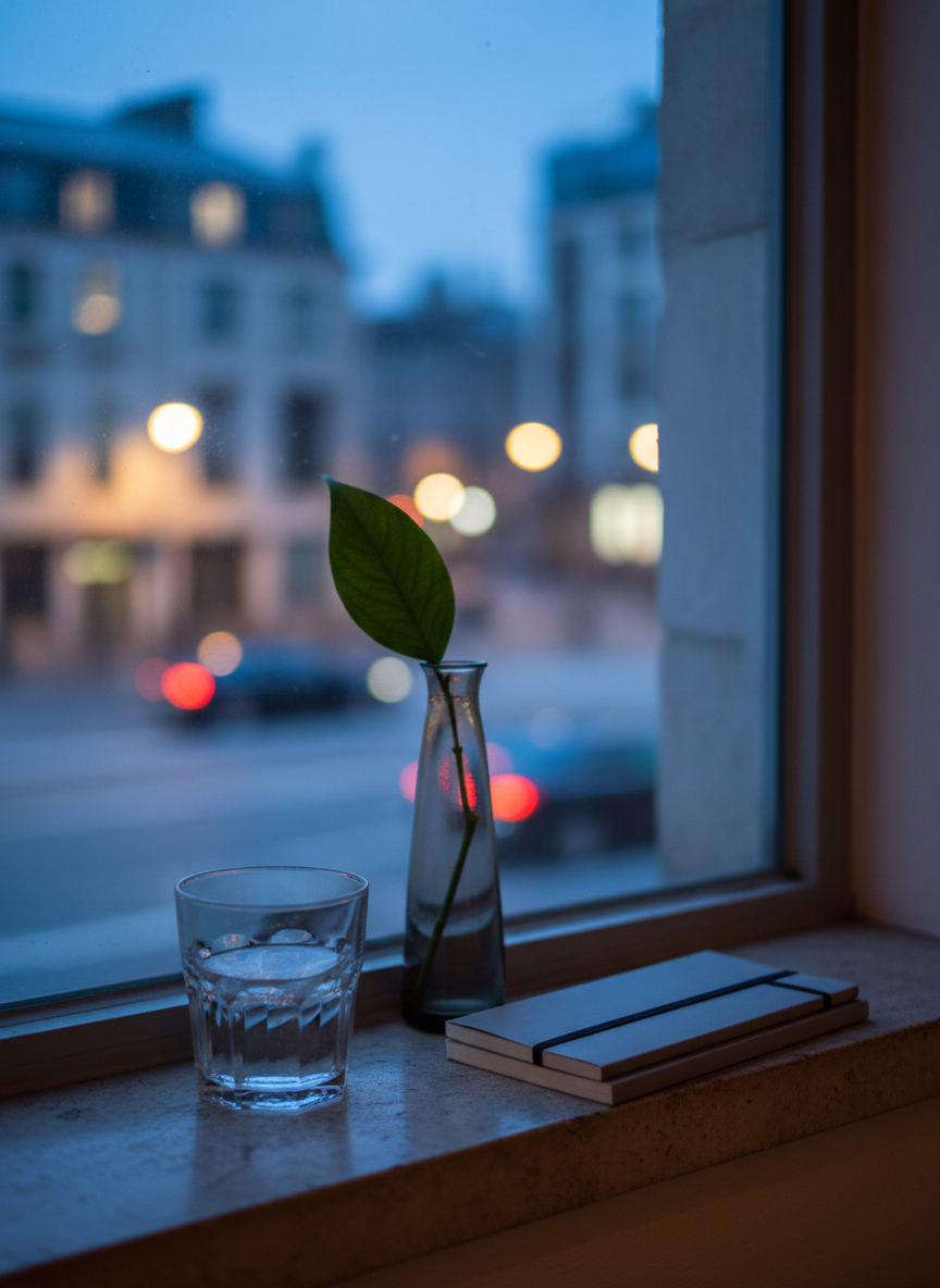 A narrow city windowsill at twilight holds a small, carefully curated collection of objects: a transparent glass tumbler half-filled with water, light refracting in precise facets; a single, glossy green leaf in a slender, smoke-colored vase; and a stack of three thin, unmarked gray notebooks bound with a simple black elastic. Beyond the glass, the city is rendered as soft, defocused bokeh—diffused streetlights, abstracted building shapes, and muted motion. Cool blue hour light seeps through the window, mixing with the faint amber glow of an unseen interior lamp, creating a subtle color contrast on the objects’ surfaces. Photographic realism from a side-on, eye-level perspective, with shallow depth of field focusing sharply on the notebooks and vase. The mood is introspective, sophisticated, and quietly urban, echoing the tension between interior thought and the blur of contemporary life.