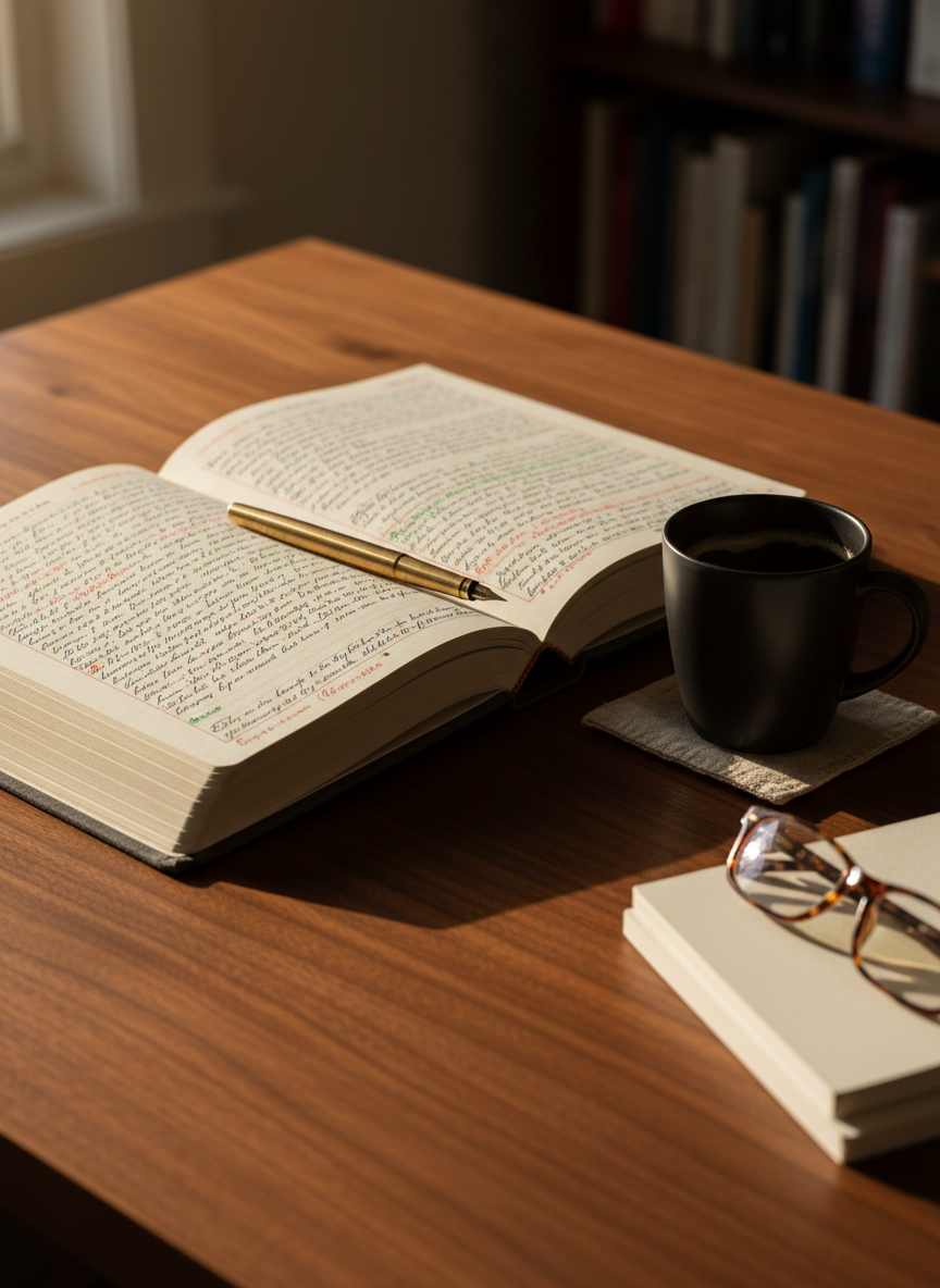 A heavy, cloth-bound journal in deep charcoal gray lies open on a walnut desk, its cream pages filled with precise, looping handwriting and marginal annotations in different ink colors. A slim brass fountain pen rests diagonally across the center seam. Around it, a minimalist still life: a matte-black ceramic mug with a faint coffee ring on a linen coaster, a pair of tortoiseshell reading glasses folded beside a stack of neatly aligned notebooks. Late-afternoon natural light pours in from an unseen window to the left, casting elongated, thoughtful shadows and subtle highlights along the journal’s spine. Photographic realism, shot at an eye-level angle with a shallow depth of field so the foreground is crisp while the back edge of the desk and a blurred bookshelf recede softly, creating a sophisticated, reflective mood.