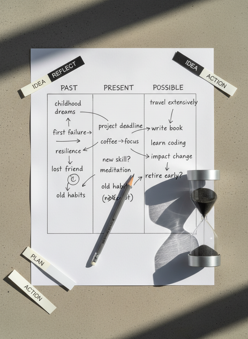 An overhead photographic view of a meticulously arranged still life: a large sheet of white paper divided into three hand-drawn columns labeled “Past,” “Present,” and “Possible,” written in neat, dark-gray ink. In each column, short, cryptic phrases and arrows connect ideas, some circled, some crossed out. Scattered around the page are slim, monochrome sticky notes, a graphite pencil worn down from use, and a minimalist sand hourglass mid-flow on a smooth concrete tabletop. Soft morning light enters from the top of the frame, creating gentle gradients and faint shadows that emphasize the paper’s texture. The composition is centered with sharp focus throughout, evoking analytical clarity, personal reflection, and the quiet rigor of examining modern life with a sophisticated, almost editorial aesthetic.